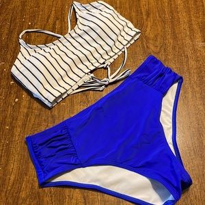 Striped Ruched High Waist Bikini Swimsuit